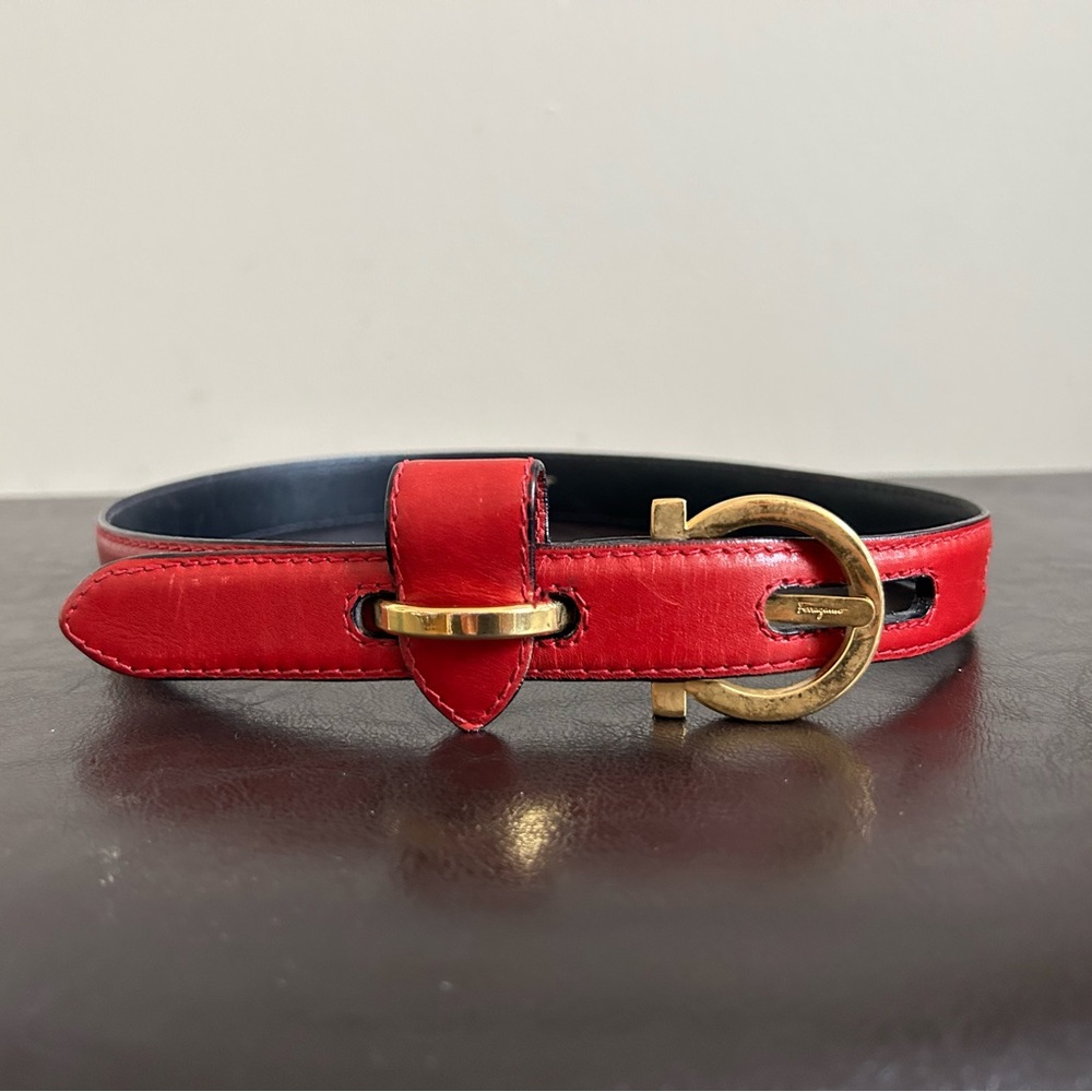 Vintage Red Leather Belt with Gold Buckle Salvatore Ferragamo